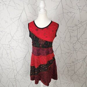 Ark Imports Nepal Red Artsy Printed Patchwork Round Neck Dress